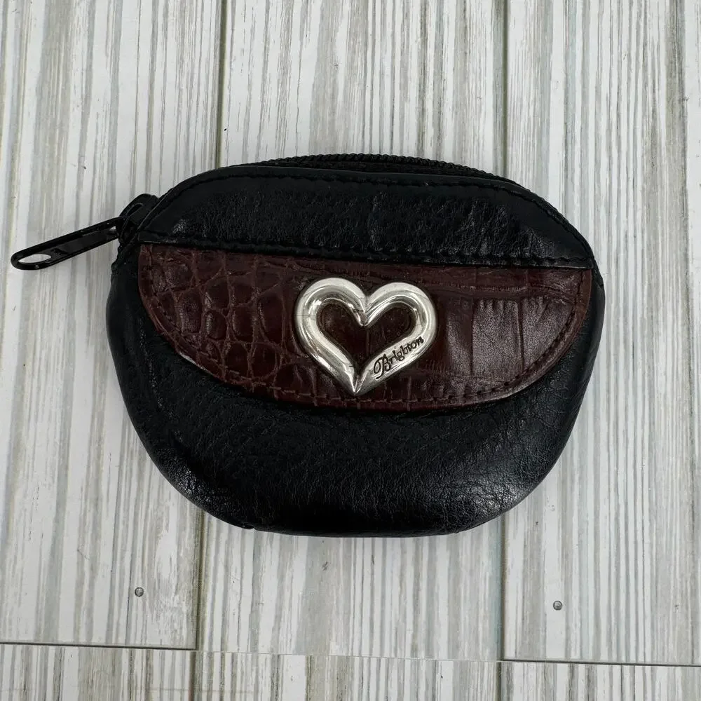 VTG Brighton zip coin change purse black brown croc embossed pebbled leather